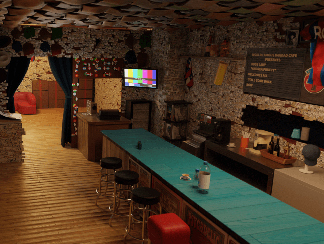 Conception 3D du musée Bagdad Café pour le metaverse de Monopole Conception 3D du musée Bagdad Café pour le metaverse de Monopole