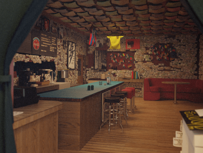 Conception 3D du musée Bagdad Café pour le metaverse de Monopole Conception 3D du musée Bagdad Café pour le metaverse de Monopole